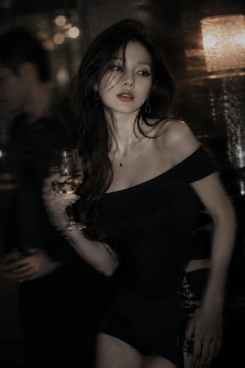 Low-light cinematic portrait, telephoto lens compression, shallow depth of field
