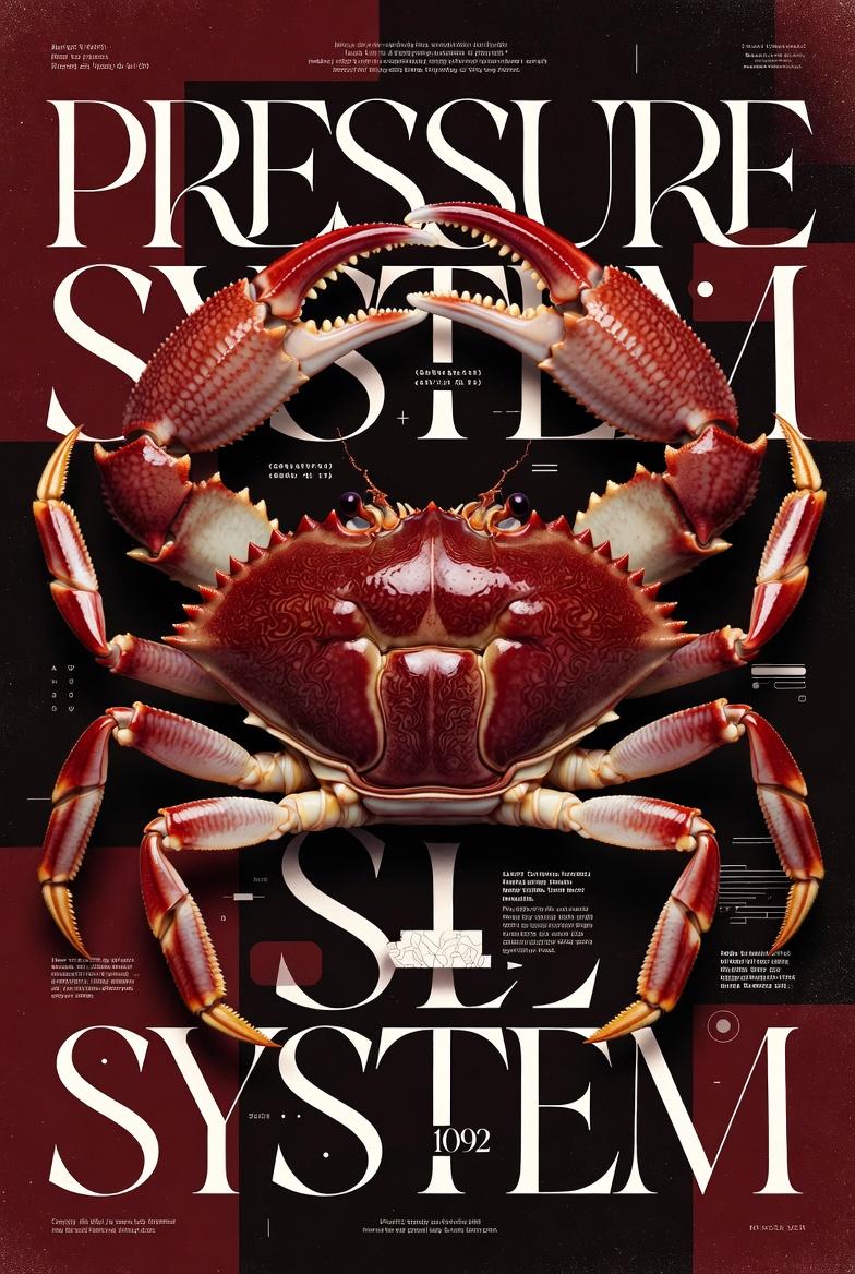 Contemporary graphic poster design featuring a large symmetrical crab in deep cr