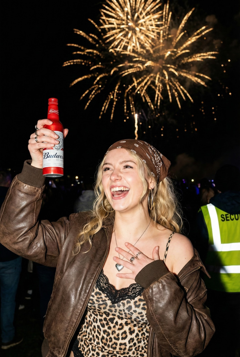 { "subject": { "description": "A vibrant young woman celebrating New Year's Eve 