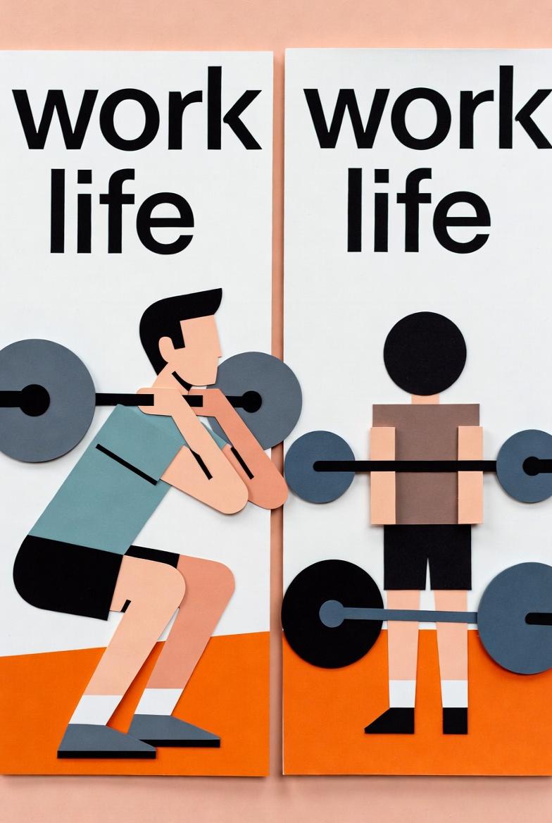 a person performing squats with a barbell, in a minimalistic collage style