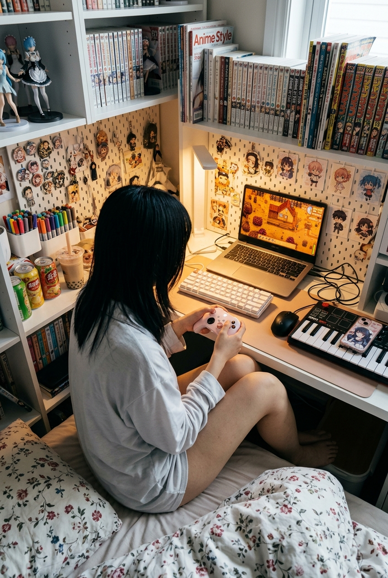 ```json { "subject": { "description": "Young East Asian woman sitting on bed aga