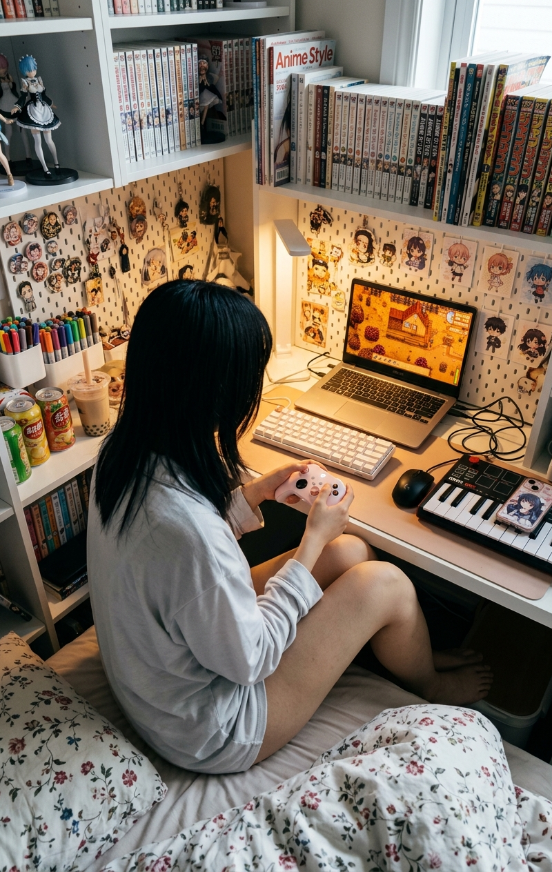 ```json { "subject": { "description": "Young East Asian woman sitting on bed aga