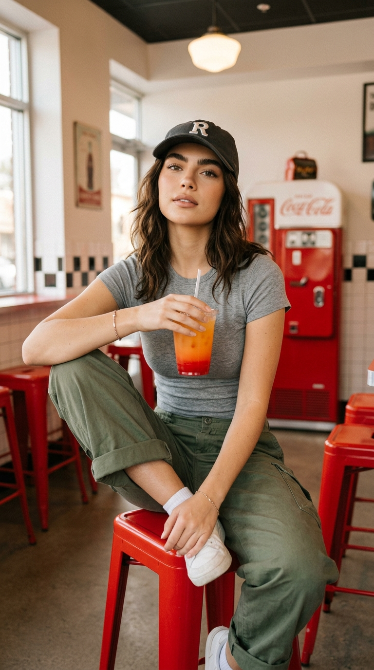 ```json { "subject": { "description": "A young woman sitting casually on a red s