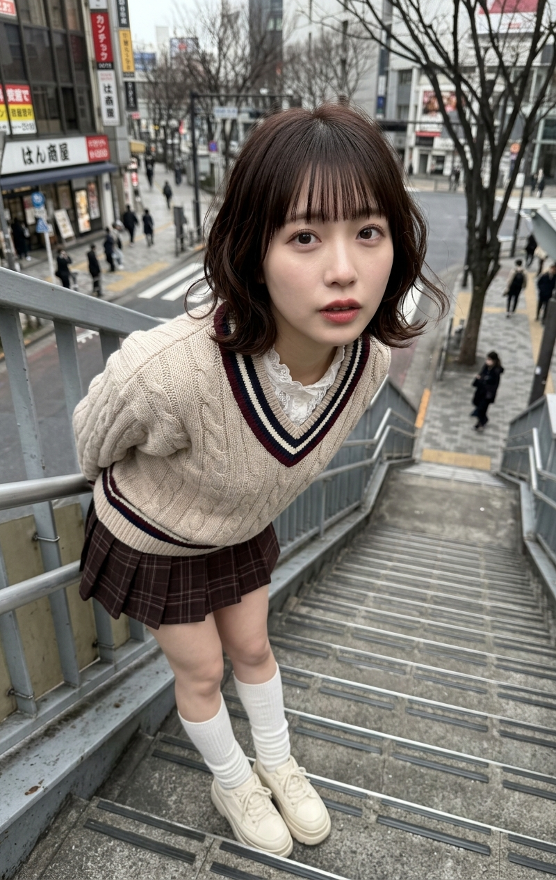 A young Japanese woman in her early 20s stands partway down an outdoor urban sta