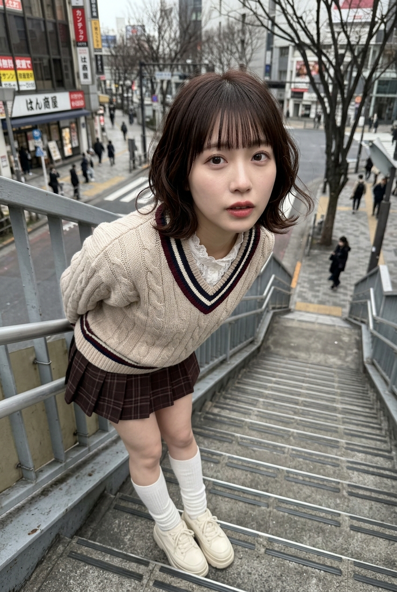 A young Japanese woman in her early 20s stands partway down an outdoor urban sta