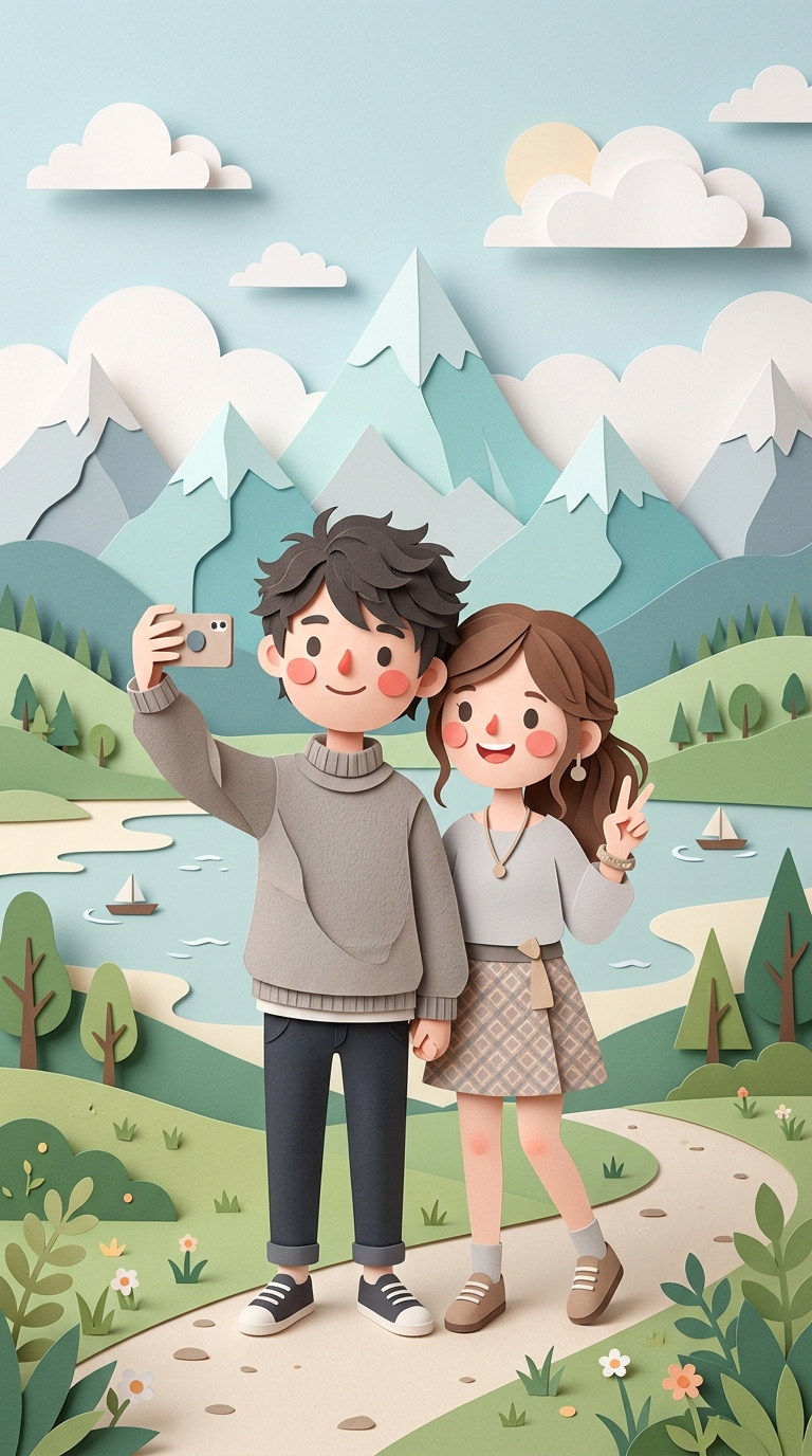 Cute paper-cut style illustration of a young couple taking a selfie outdoors, so