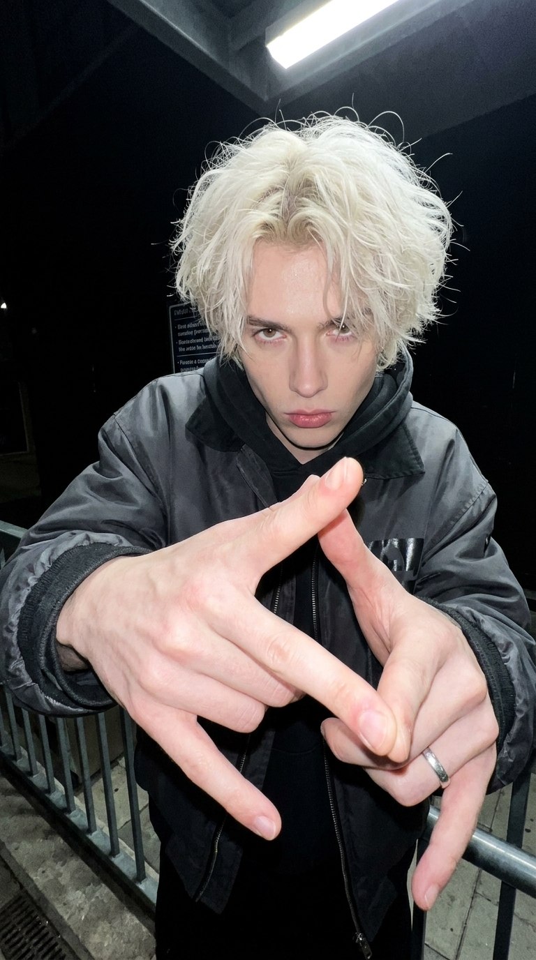 { "subject": { "description": "young person with platinum blonde hair, wearing a