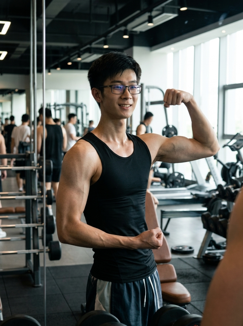 为了舞台更有活力的表演,他每天都会去健身房,在健身房镜子前,带着自信和满足的微笑,欣赏自己手臂、胸肌和腹肌的线条。他刚刚完成一组高强度的力量训练,皮肤上闪烁着健