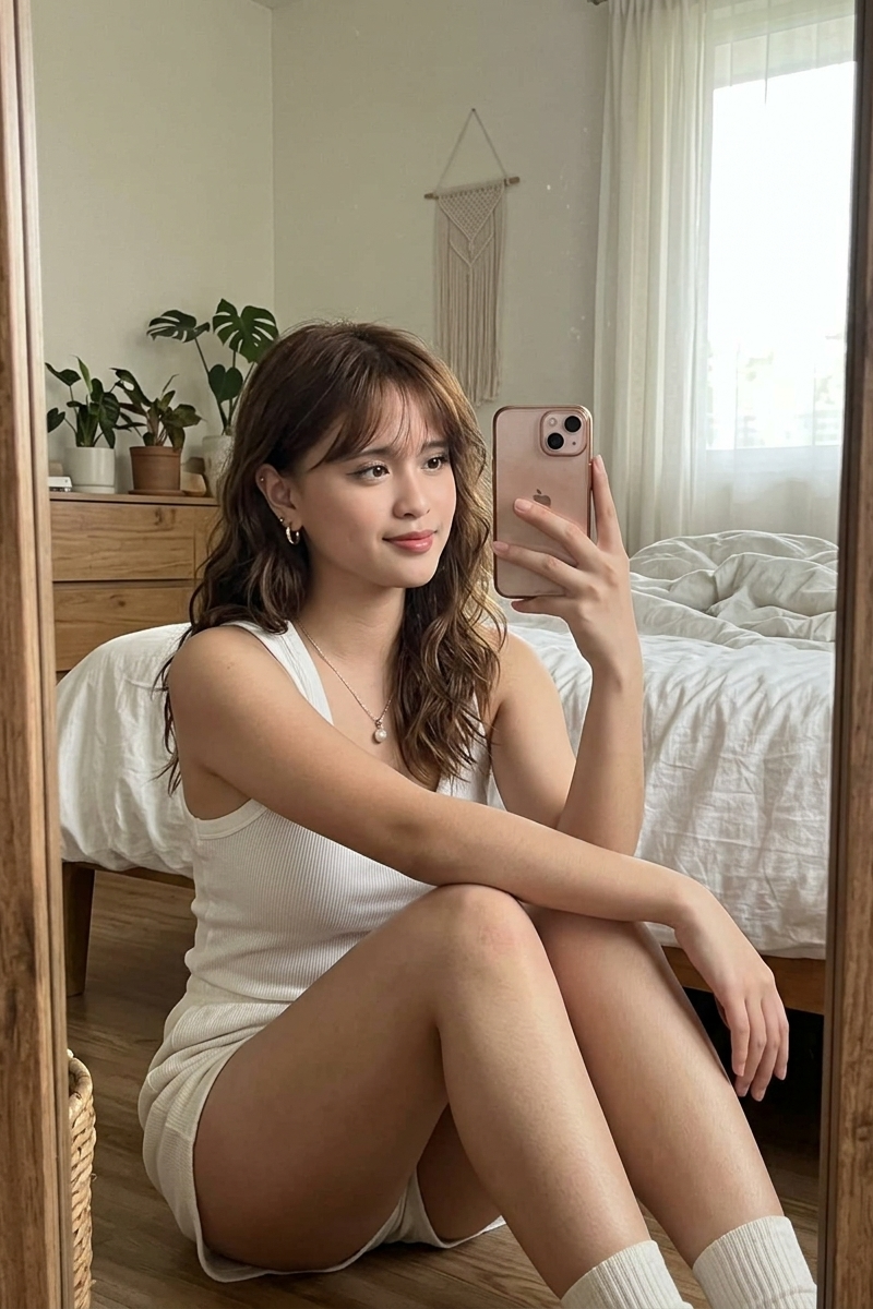 { "subject": { "description": "Young woman taking a seated mirror selfie, head t