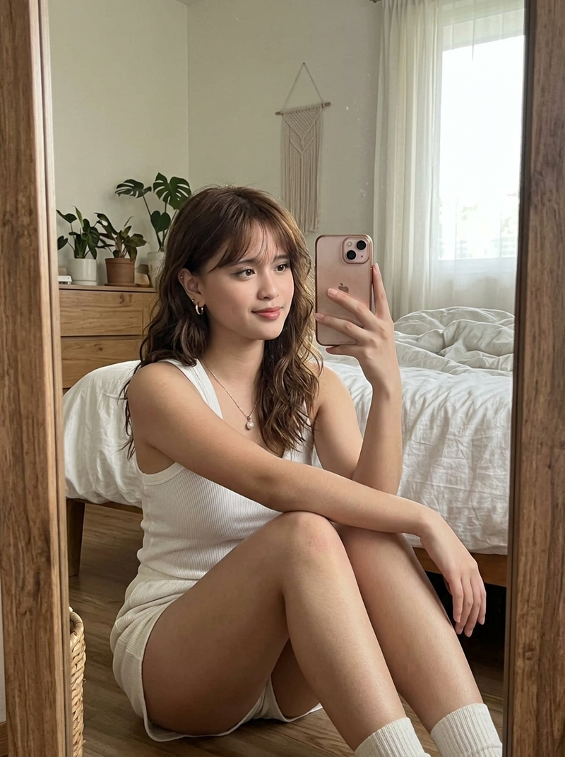 { "subject": { "description": "Young woman taking a seated mirror selfie, head t