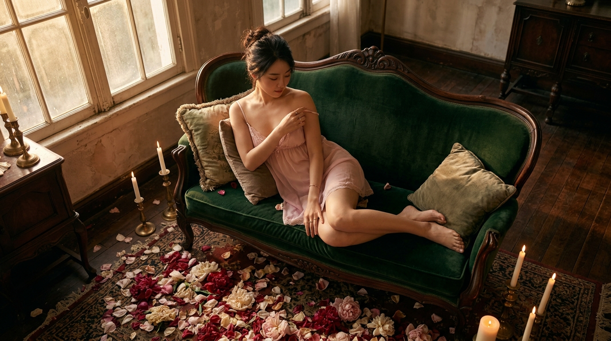 Wide-angle overhead shot, Korean goddess lounging on ornate vintage velvet divan