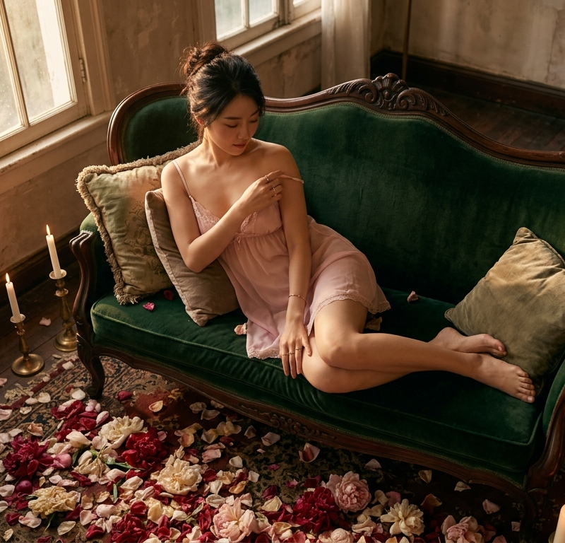 Wide-angle overhead shot, Korean goddess lounging on ornate vintage velvet divan
