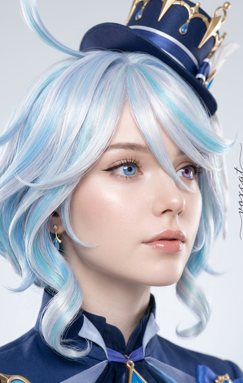 Ultra-realistic close-up portrait of Furina from Genshin Impact, rendered with t
