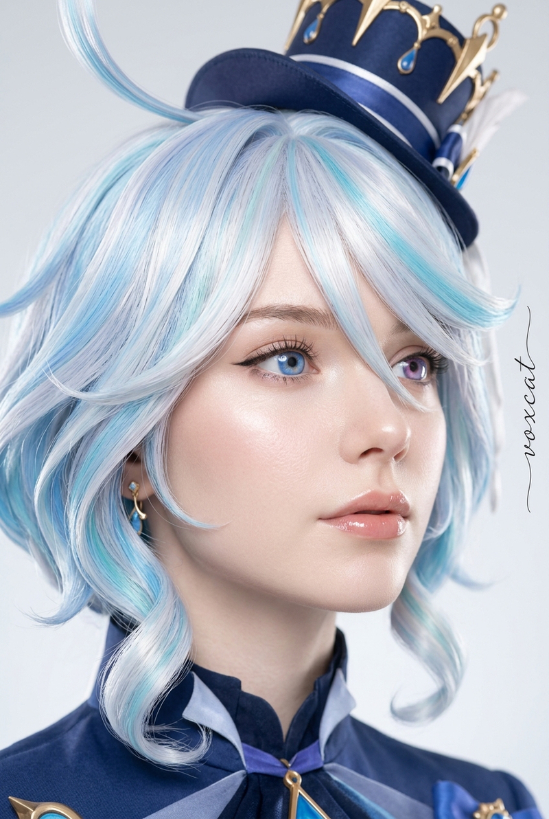 Ultra-realistic close-up portrait of Furina from Genshin Impact, rendered with t