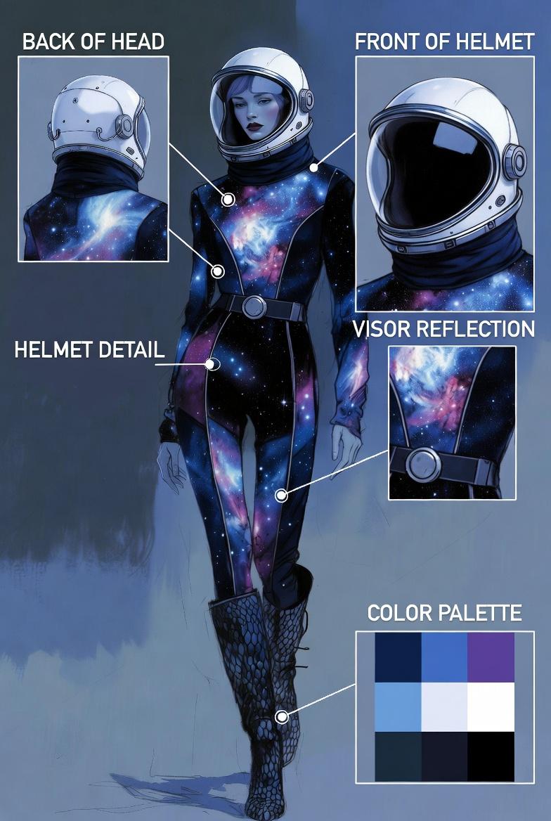 Astronaut inspired outfit, galaxy colors, astronaut helmet, fashion illustration