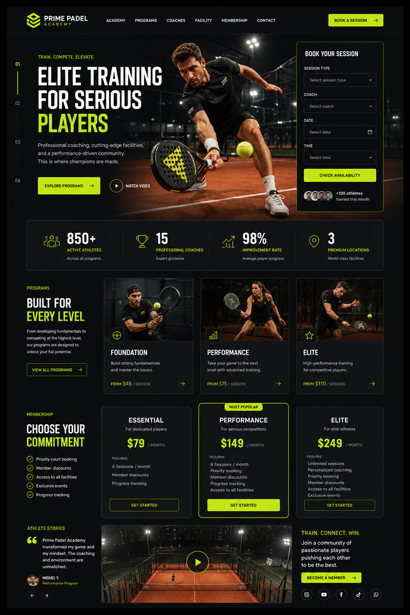 A high-fidelity landing page UI design for a premium padel training academy, cha