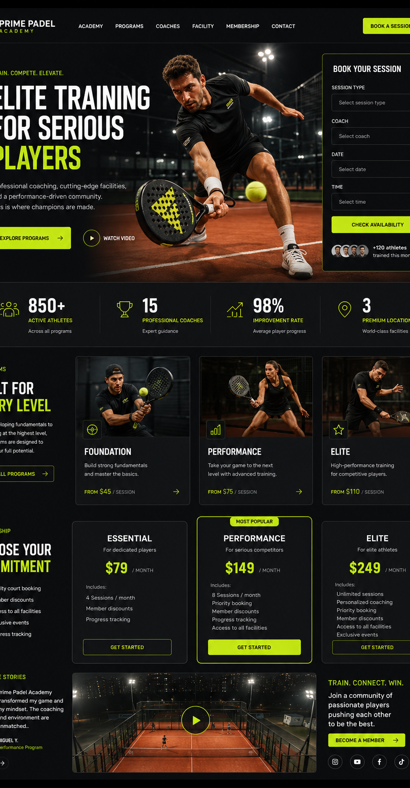 A high-fidelity landing page UI design for a premium padel training academy, cha