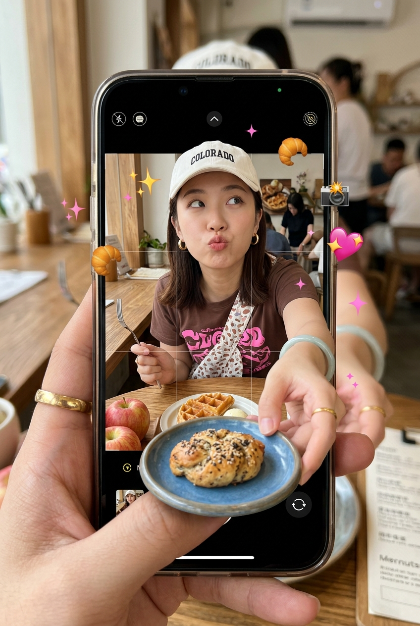 { "subject": { "description": "Young woman viewed through a smartphone screen he
