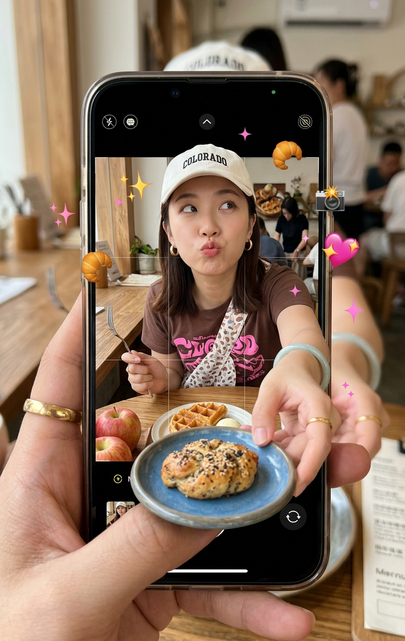 { "subject": { "description": "Young woman viewed through a smartphone screen he