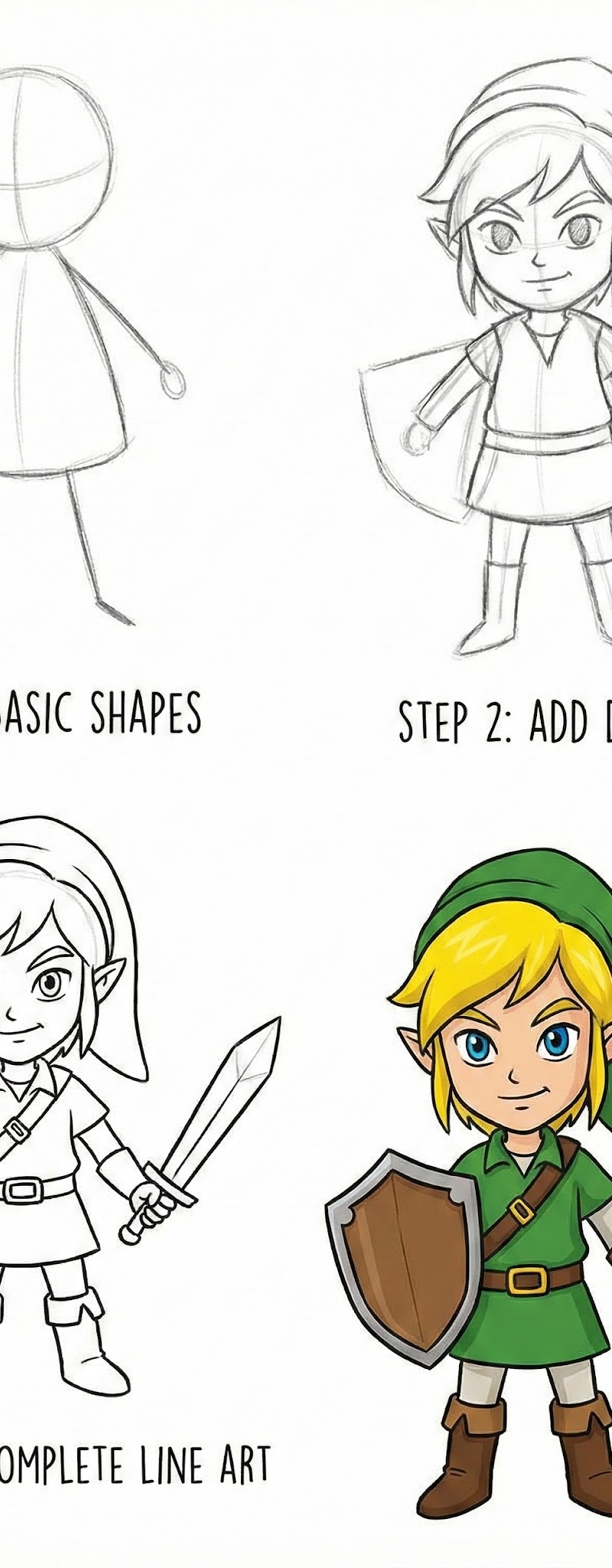 This tutorial provides a step-by-step guide to drawing Link, including line art 