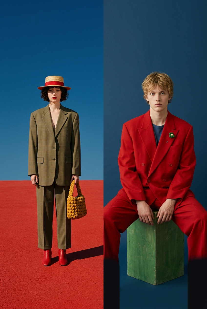 { "A cinematic high-fashion sequence transitioning between two editorial scenes