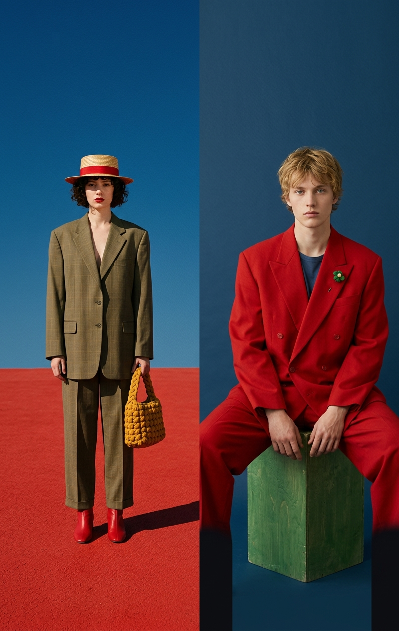 { "A cinematic high-fashion sequence transitioning between two editorial scenes