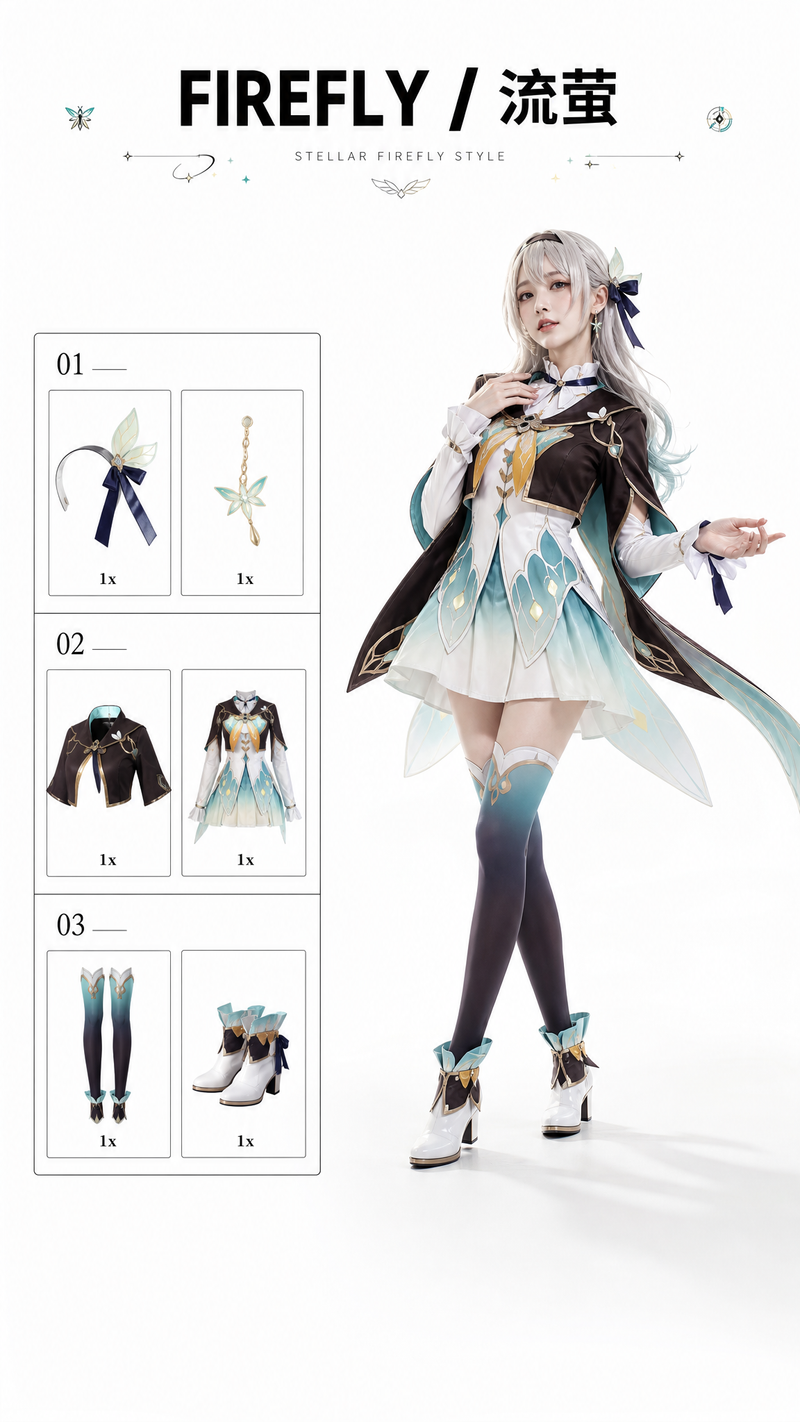 竖版 9:16，极简白色 cosplay 服装信息页，上下保留大量白色留白，尤其底部留出清晰呼吸空间。纯白摄影棚背景，明亮高调柔光，真实商业棚拍质感，高级时尚杂
