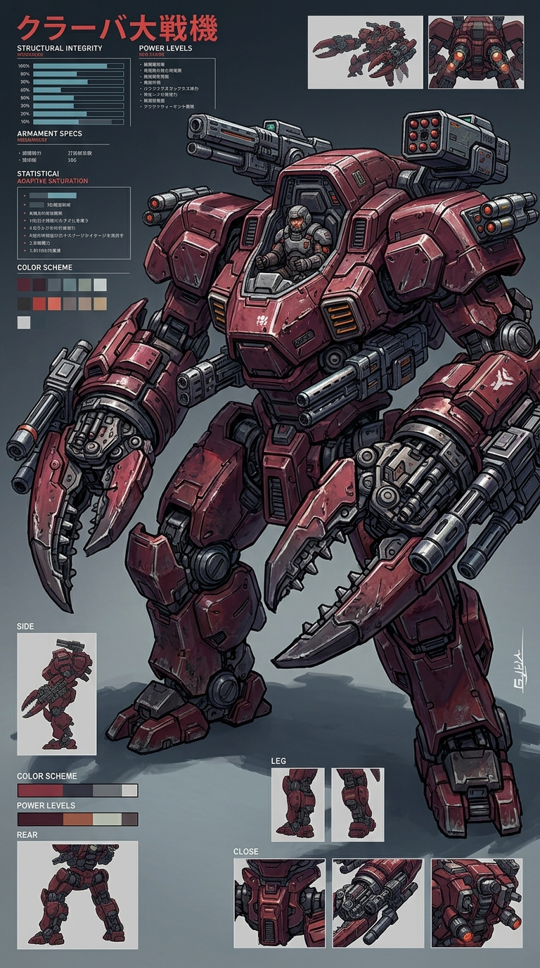 A colossal combat mech design poster in a battle-ready stance, maximalist, weath