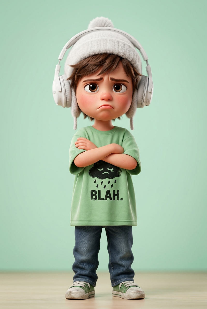 A stylized 3D cartoon character of a young boy with big expressive eyes and a sl