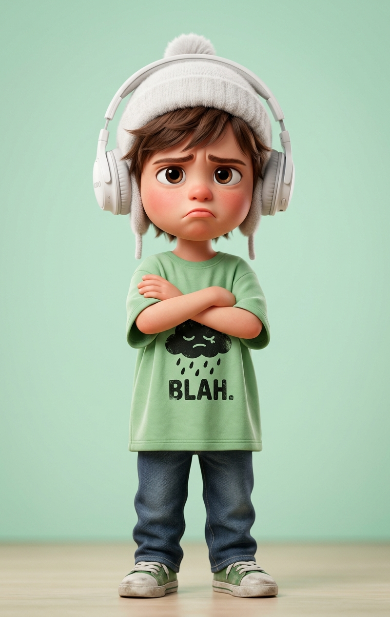 A stylized 3D cartoon character of a young boy with big expressive eyes and a sl