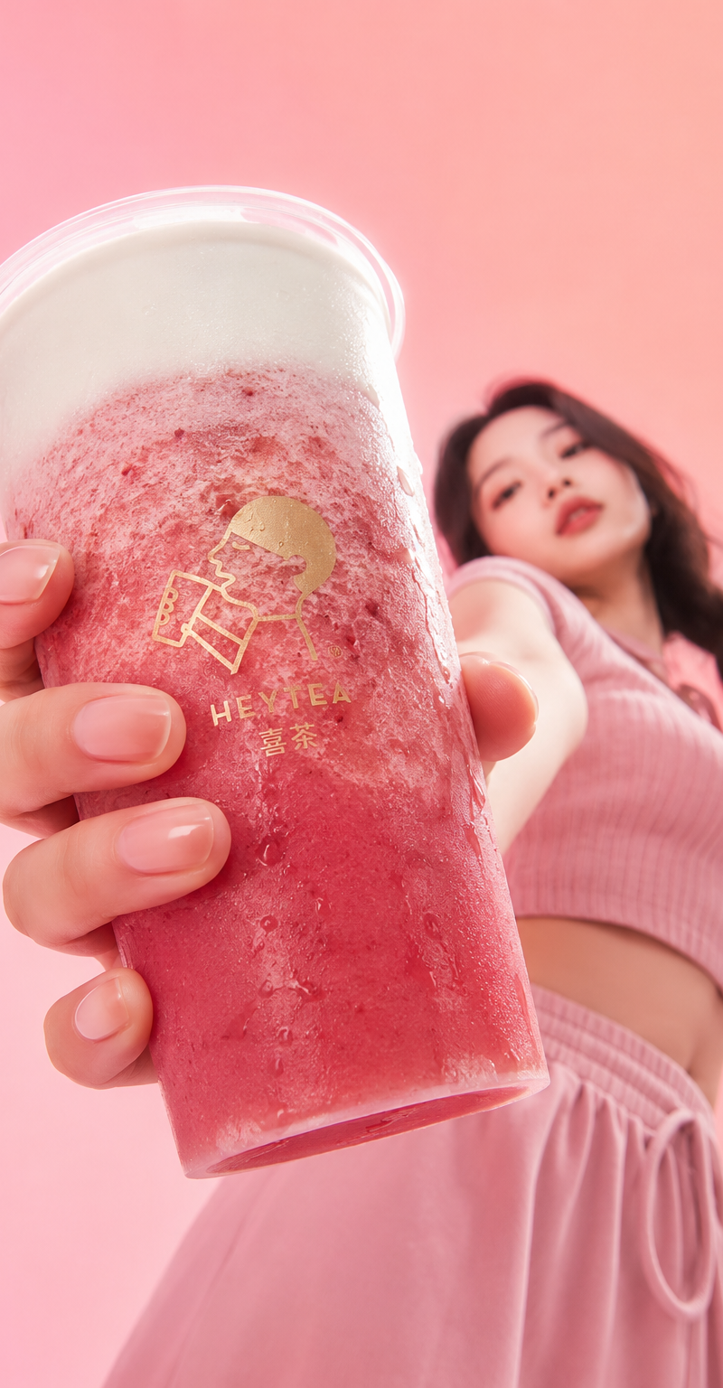 喜茶芝芝莓莓 + 亚洲美女 | 粉桃色渐变背景 [镜头] 极端广角低机位仰拍 人物 镜头从模特下方往上打，前景的手 + 喜茶芝芝莓莓，被极度放大，背景的人物被压
