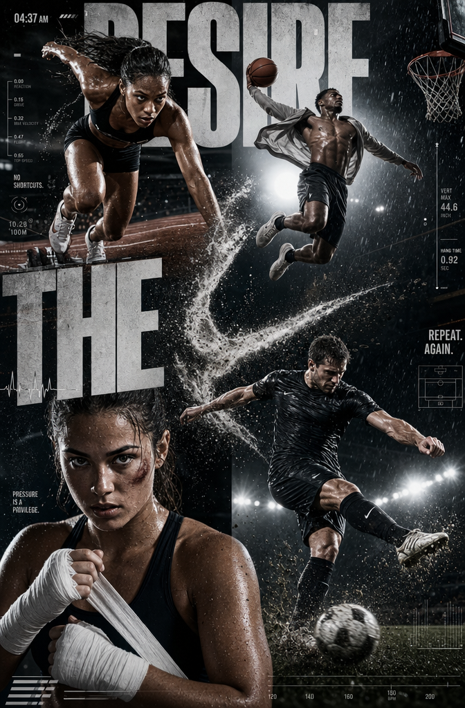 Create a hyper-realistic global sportswear campaign poster titled: "DESIRE THE W