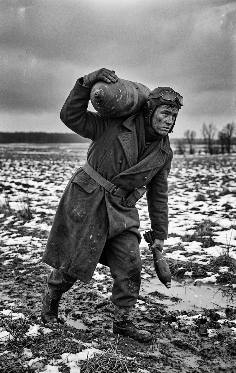 A vintage black and white documentary photograph of a young, exhausted soldier c