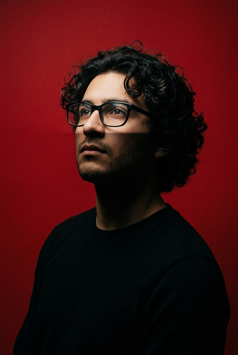 Ultra-realistic studio portrait of a young man against a bold solid red backgrou