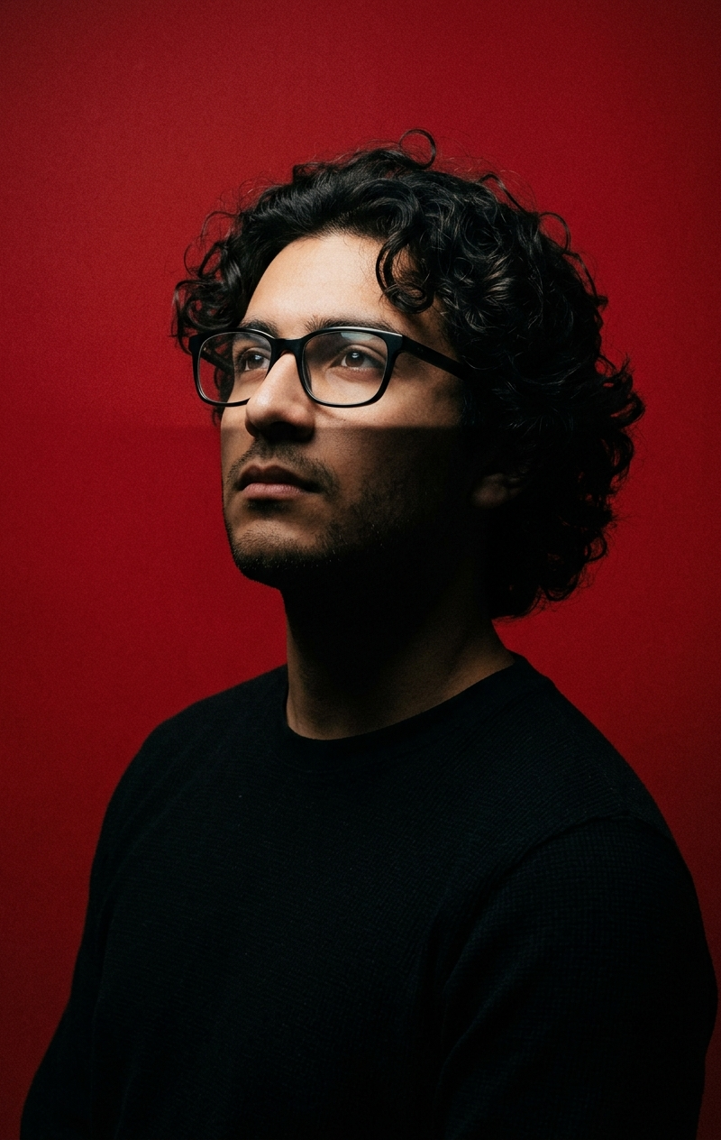 Ultra-realistic studio portrait of a young man against a bold solid red backgrou