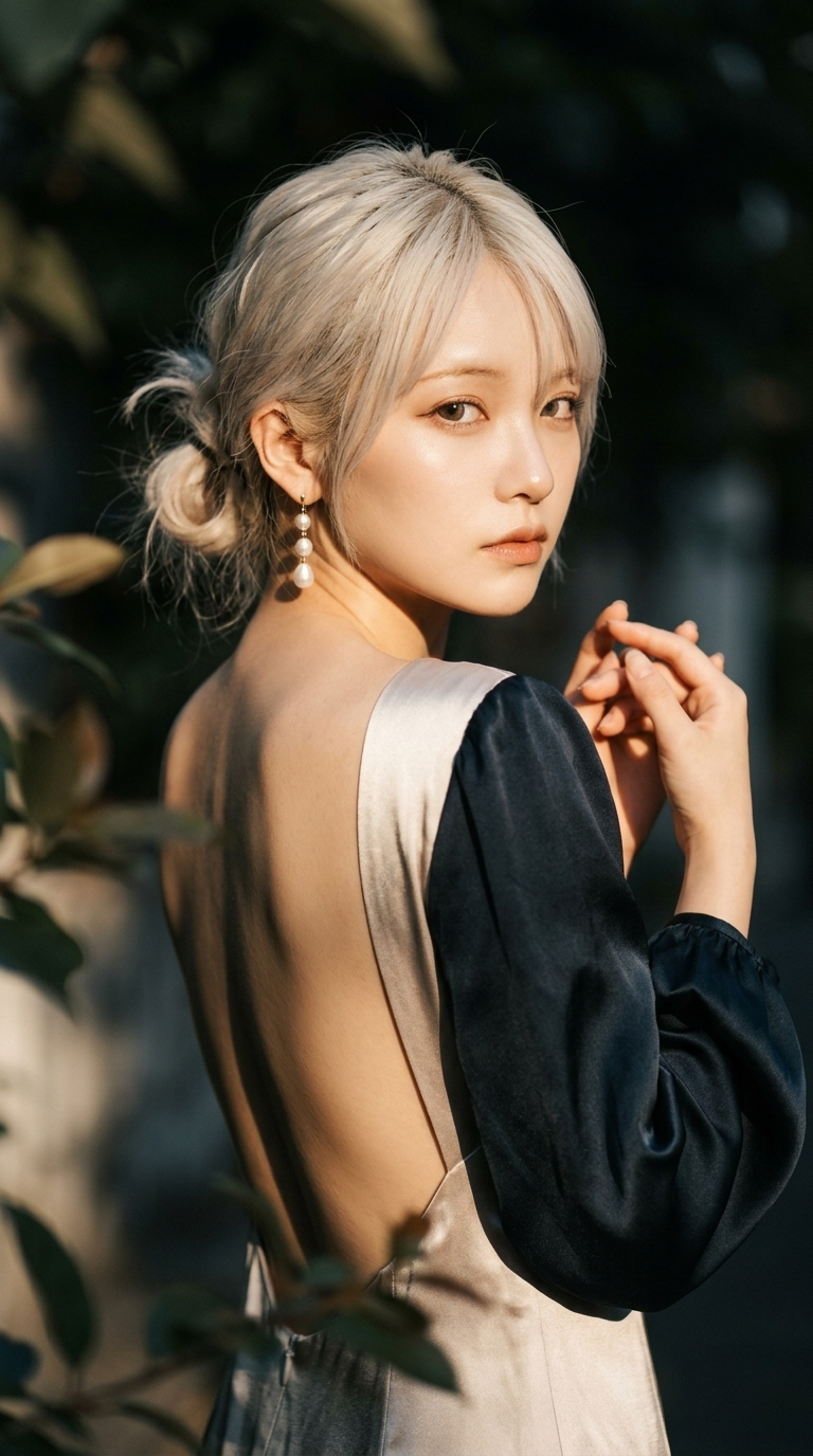 Create a moody, ethereal cinematic portrait of a woman with a dramatic over-the-
