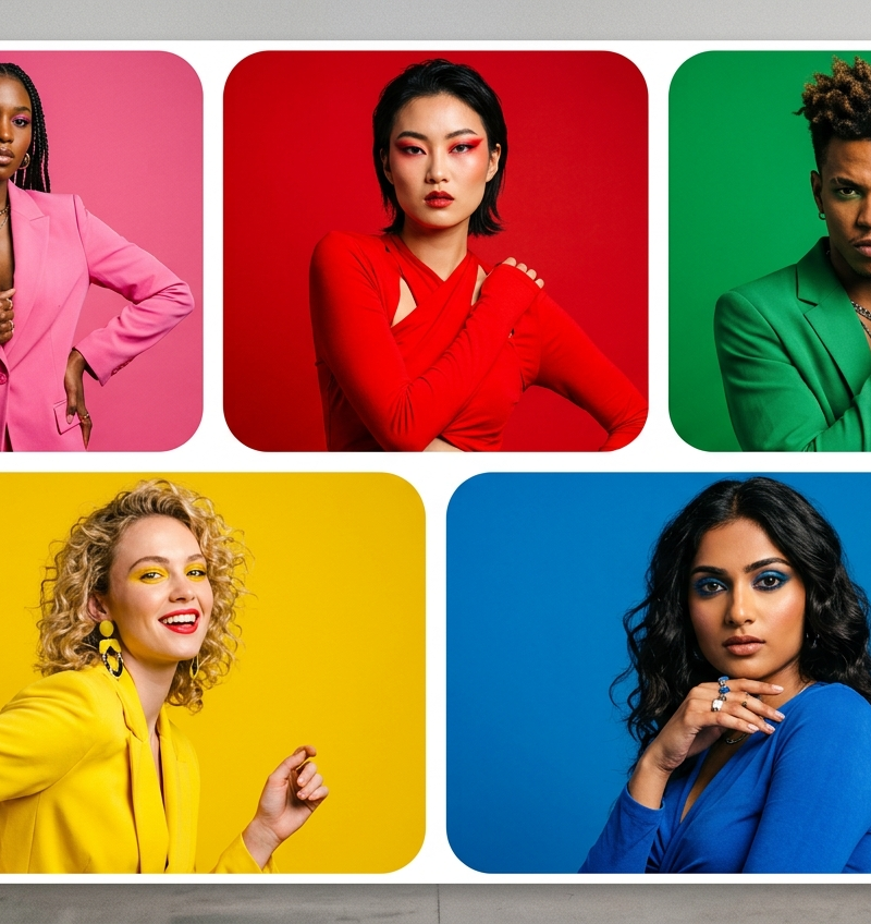 5 panel colorful portrait collage, fashion models, monochrome backgrounds (pink,