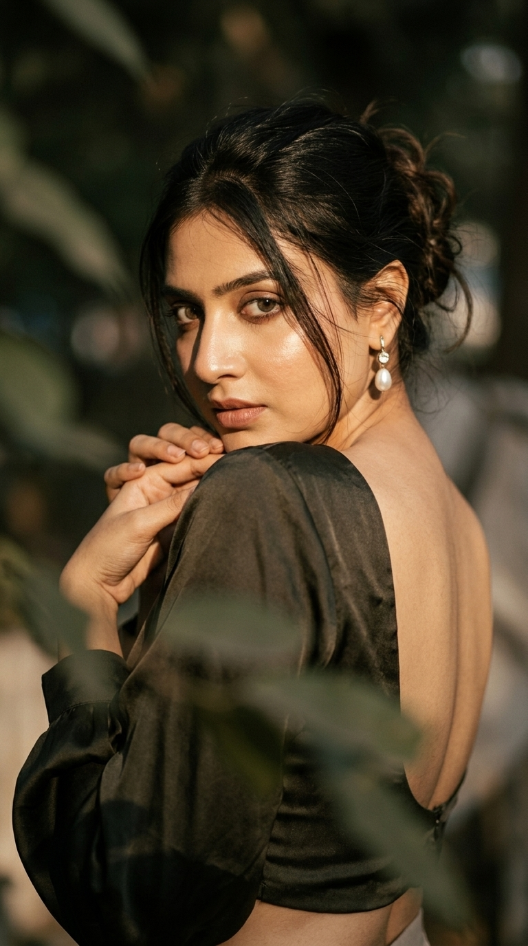 Create a moody, ethereal cinematic portrait of a woman with a dramatic over-the-