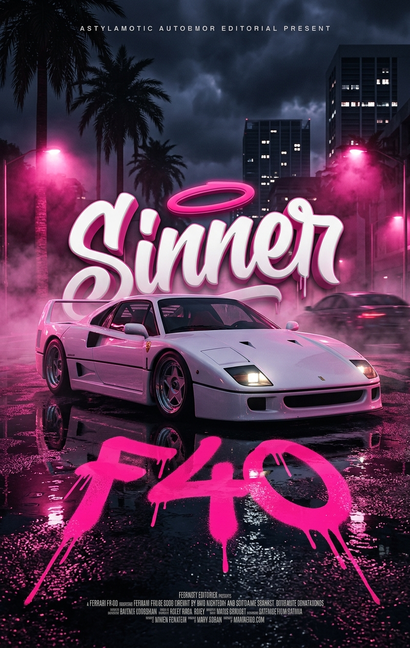 { "subject": { "description": "White Ferrari F40 sports car, retro-futuristic au