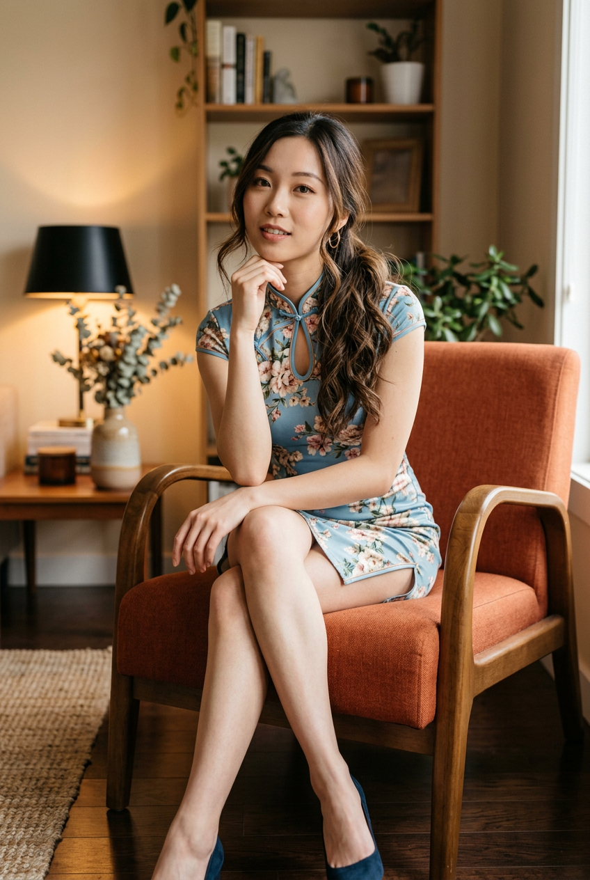 { "subject": { "description": "A young woman sitting elegantly on a modern armch