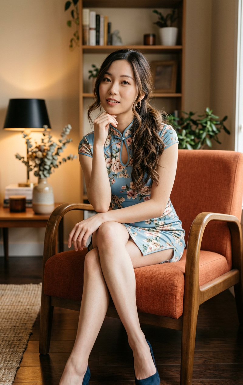 { "subject": { "description": "A young woman sitting elegantly on a modern armch
