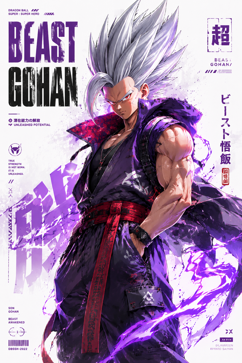 Create a premium collector-edition character poster of [Beast Gohan] from [Drago