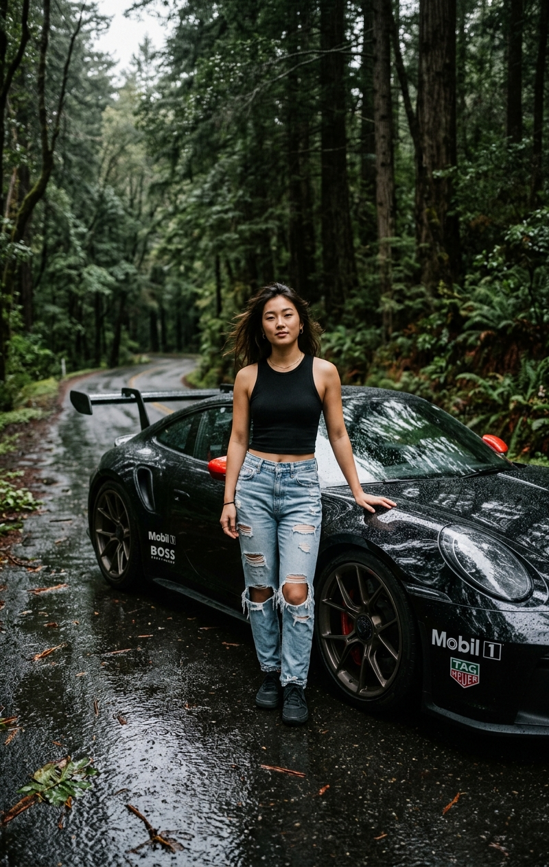 A cinematic, ultra-realistic photo of a young Asian woman standing beside a blac