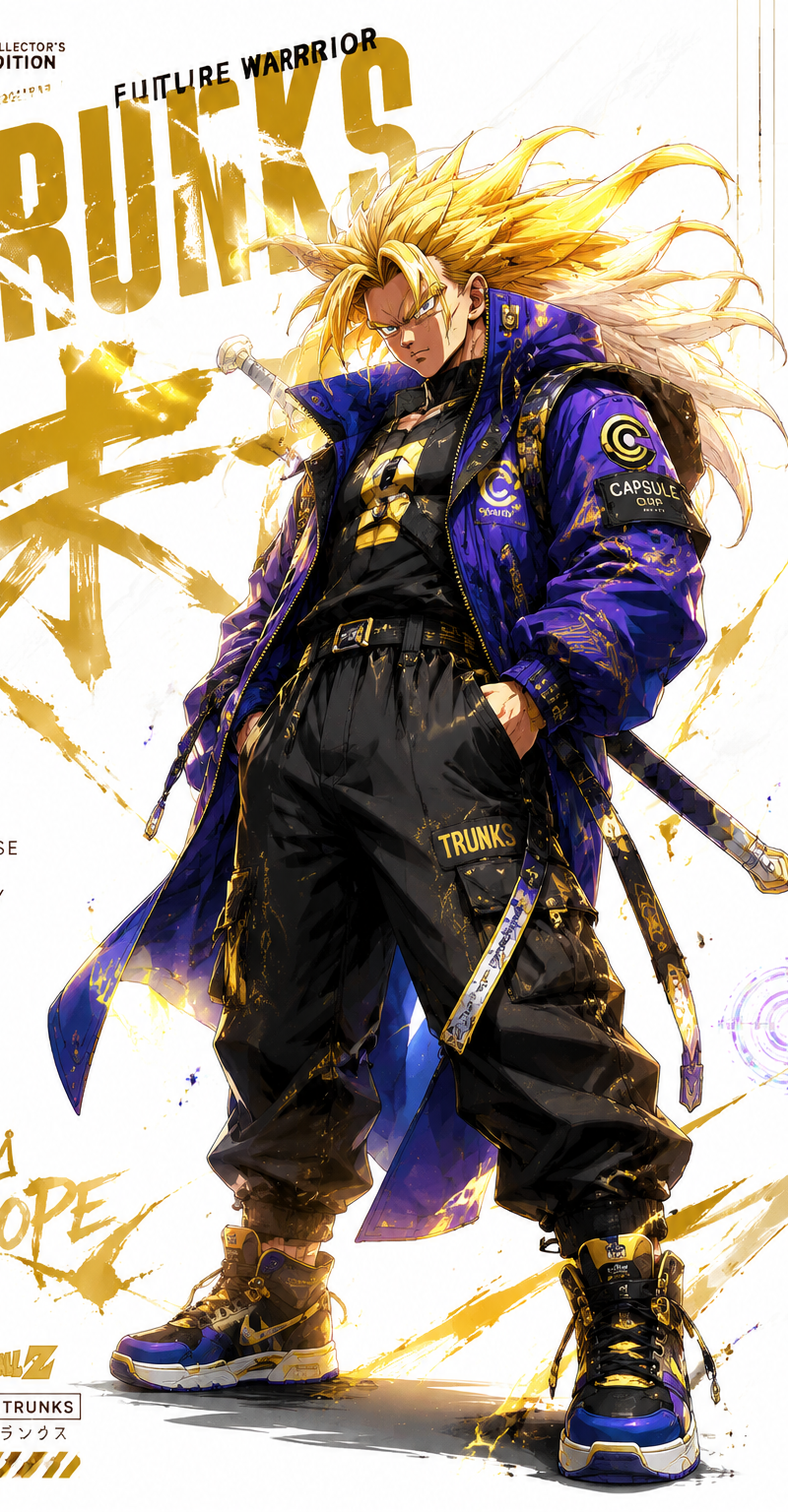 Create a premium collector-edition character poster of [Long hair Super Future T
