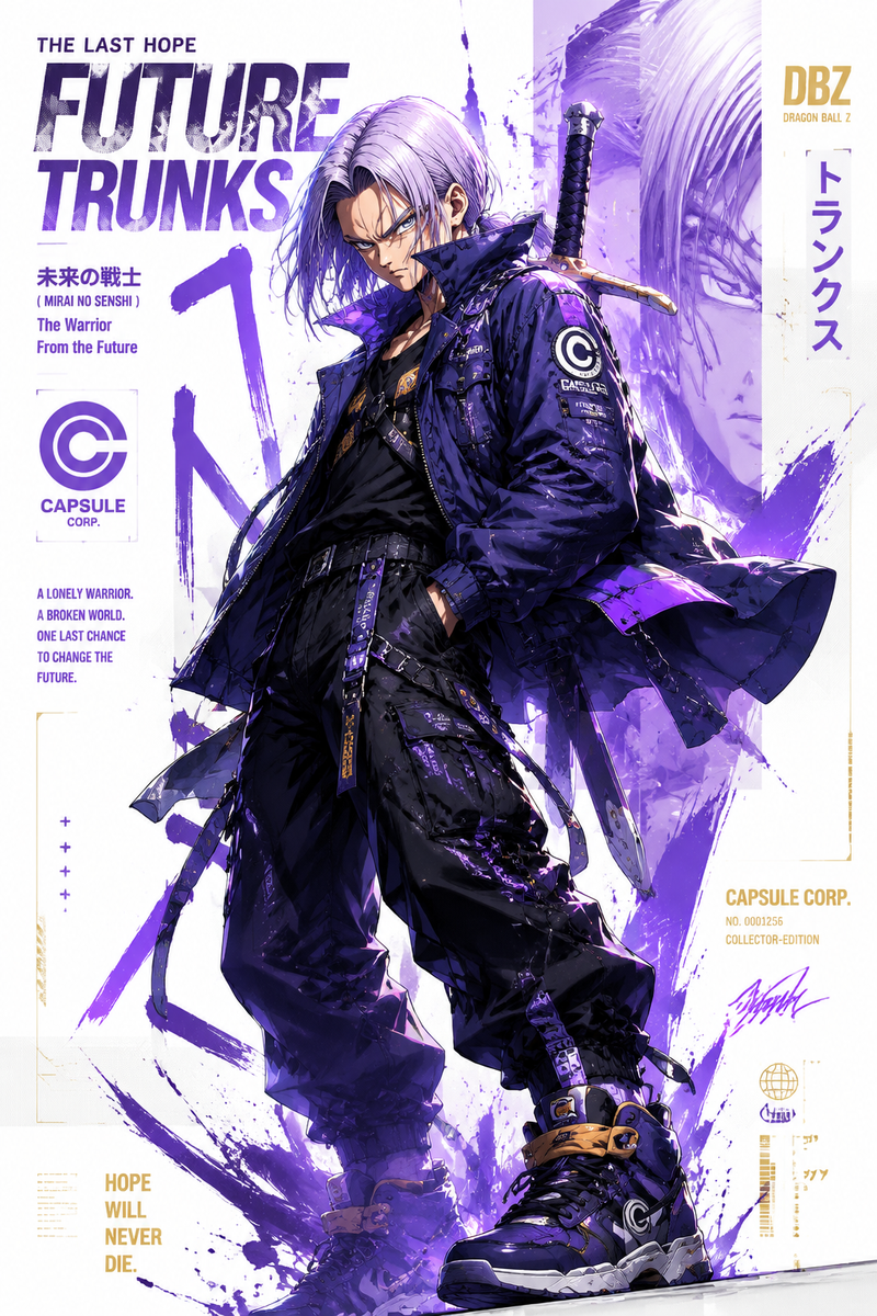 Create a premium collector-edition character poster of [Long hair Future Trunks 