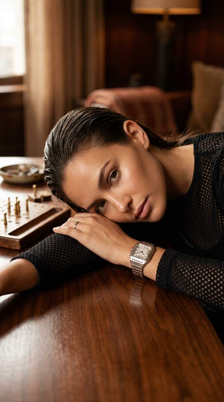 Luxury fashion editorial, close-up portrait of a woman resting her head on a pol