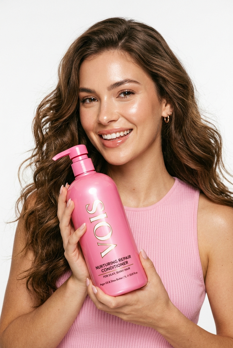 Ultra-realistic beauty advertisement, close-up of a young woman with long wavy b