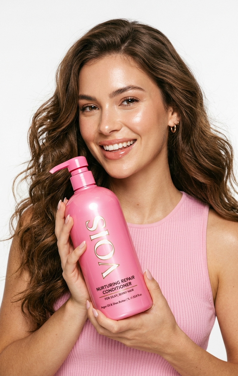 Ultra-realistic beauty advertisement, close-up of a young woman with long wavy b