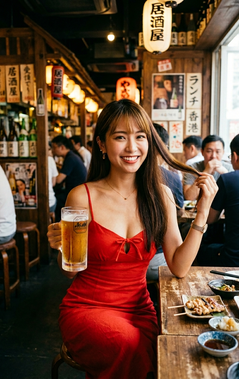 moody film portrait young east asian stunner in japanese izakaya hong kong lunch