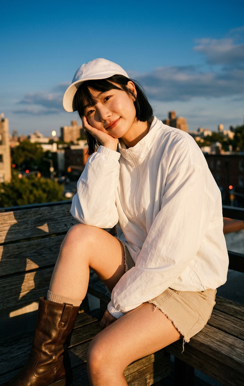 Based on , a young East Asian woman with a short black bob, soft natural makeup,